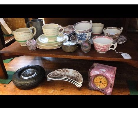 An Alum Bay glass clock, firestone ashtray, various vintage cups and saucers including Clarice Cliff etc