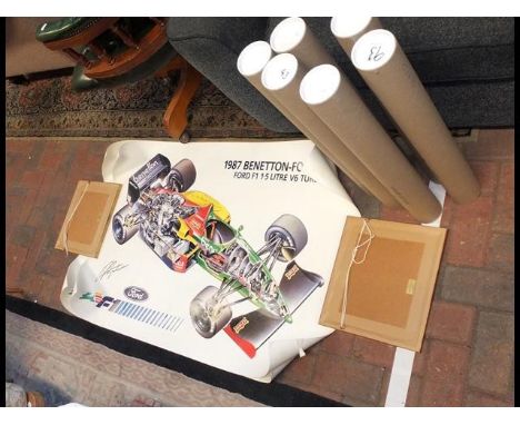 A selection of old Silverstone posters, vintage transport calendars, etc. 