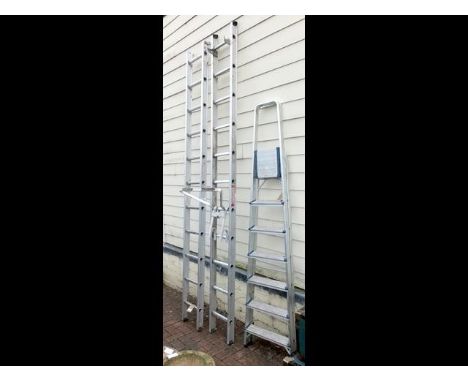 A two section aluminium ladder with ladder stay, together with a folding stepladder  