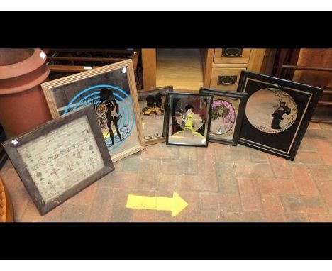 A sewing sampler together with vintage advertising mirrors