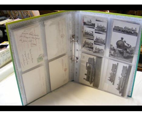 An album of vintage photographs of steam locomotive engines - approx. 42 postcards 