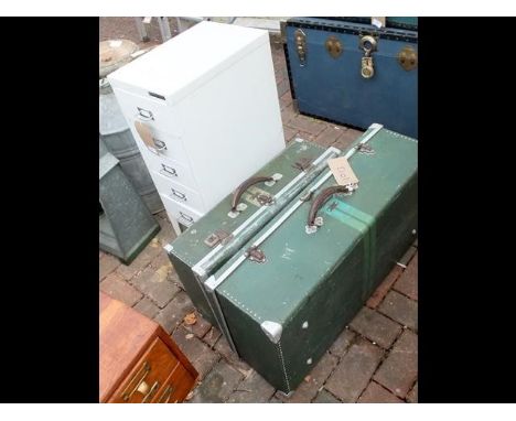 A five drawer metal Bisley tool chest, together with two vintage trunks 