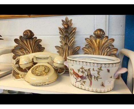 Three gilt foliate wall brackets, retro telephone, Chinese style planter together with various coat hooks