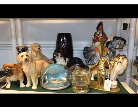 Six ceramic canine figures, a Staffordshire figure etc