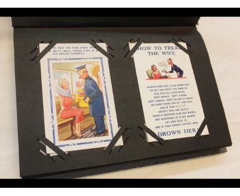 A postcard album bearing vintage saucy, seaside and humorous postcards, including Donald McGill CONDITION REPORTLot contains 
