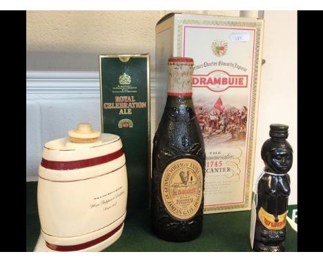 A boxed bottle of commemorative Drambuie, a bottle of vintage Guinness etc 