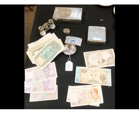 A silver card case, ring stand, etc., together with collectable foreign notes 
