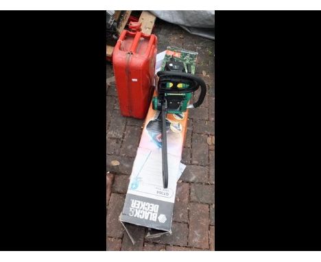 A petrol chainsaw, together with Black &amp; Decker hedge trimmer and fuel tank 