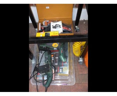 An electric sander in metal carrying case, together with a plastic box containing other sanders and boxed tools 