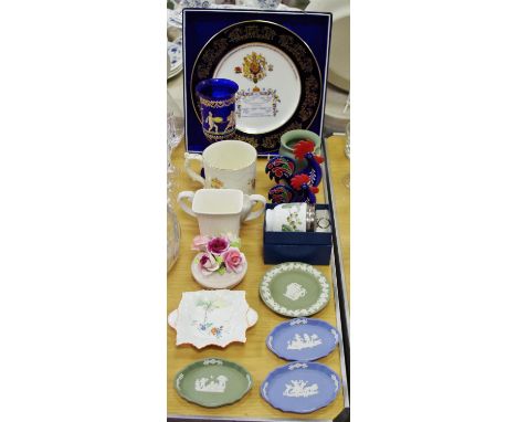 Decorative Ceramics - two Goebels cockerels; Wedgewood Jasperware; Wade; commemorative Aynsley etc  