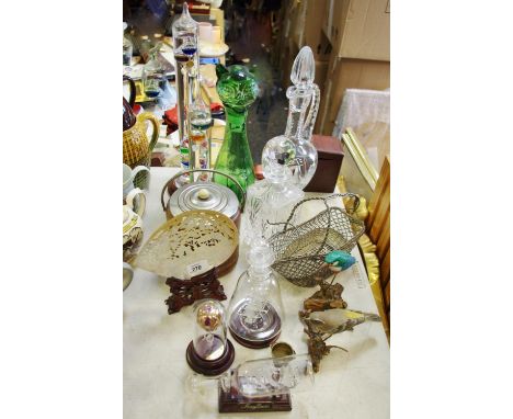 Glassware &amp; Boxes and Objects - a large glass Galileo 'balloon thermometer', another smaller; green glass cat decanter th