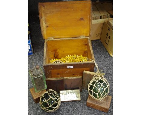 Four copper printing blocks; a vintage battery; large quantity of Liar/Poker dice; Eastern craved boxes; glass floats 