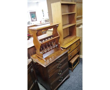 A George II commode chest converted to a filing cabinet; a 1930's/40's oak chest of two drawers; a teak magazine rack; a teak