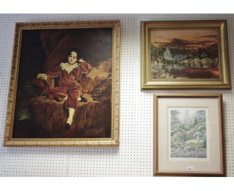 G Millhouse - After Thomas Lawrence Master Lambeth, oil on canvas, signed and framed; l Eyre cottage by the Pond, oil on canv