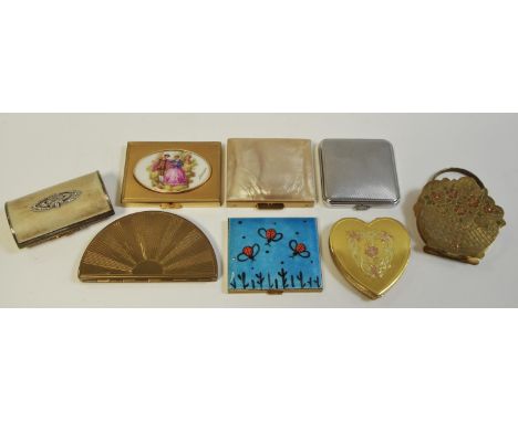 Ladies Compacts - various including enamelled with ladybirds on a blue ground; Limoge plaque; heart shaped; basket shaped etc