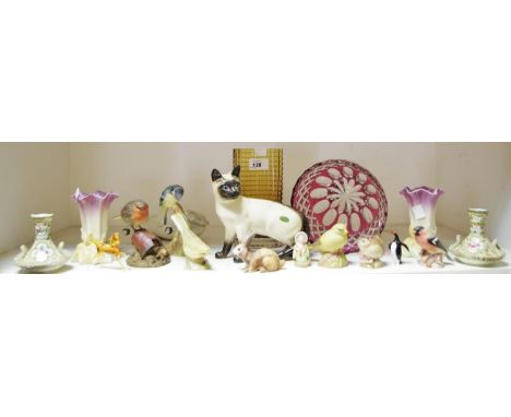 Decorative Ceramics &amp; Glass - a Beswick Tabby Cat; Royal Worcester and Aynsley bird models; Cranberry glass bowl; Beswick