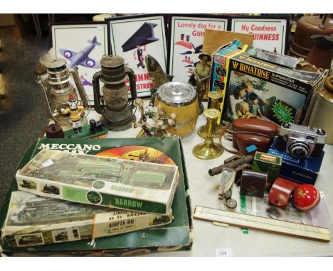 Boxes and Objects - a Meccano Army Multikit set (unchecked); a Binatone Superstar video console; paraffin lamps; cast iron do