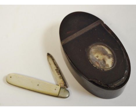 A late 18th century tortoiseshell snuff box with portrait miniature of a young lady of title; a silver bladed and mother of p