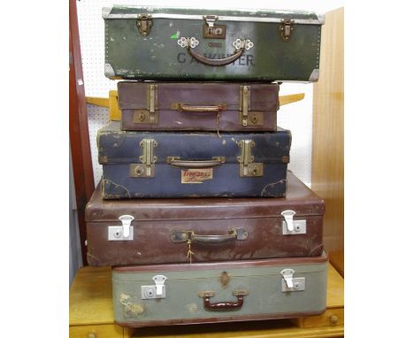Vintage luggage including a suitcase made from aviation aluminium paneling, 1930's/40's suitcases (5)
