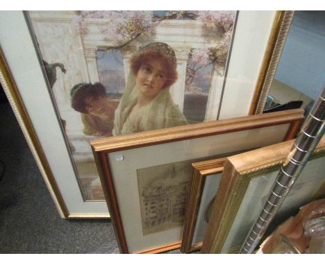 Five various prints including a pencil portrait of a young woman and a fine ink sketch entitled "Ponte Vecchio Firenze 1926" 