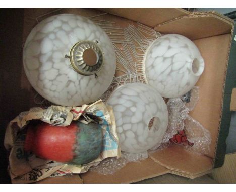 A box containing five light shades including mottled, multi-coloured and floral shaped example 