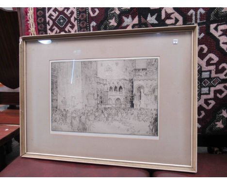 A Russell Flint print depicting figures out in the town, framed and glazed, 24cm x 36cm