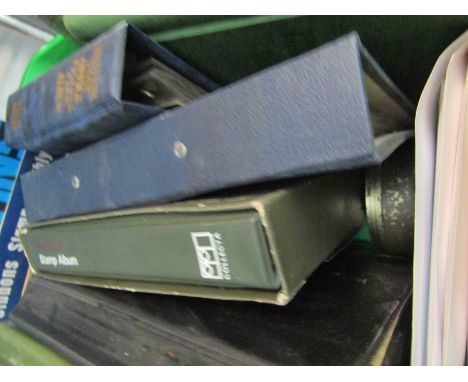 A box containing first day covers and stamp albums, 1p's etc