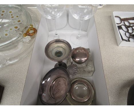 A silver banded inkwell, candlestick, ashtray etc.