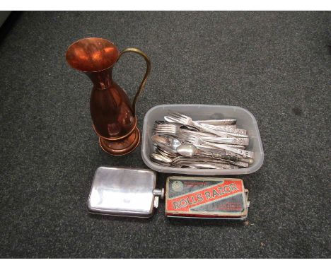 A tub of plated flatware and a silver plated hip flask and copper jug