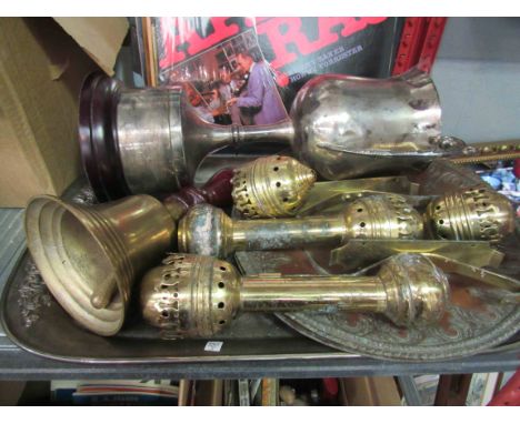 A large silver plated trophy, plated dishes and tray, pair of brass sconces and a brass bell