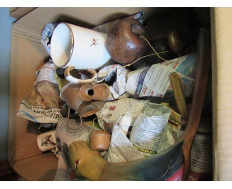 A box of mixed items to include wooden, copper and ceramic