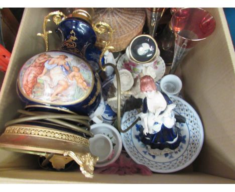 Mixed ceramics and glassware including Bohemian glass decanter and shot glasses, blue and white plates, silver rimmed glass p