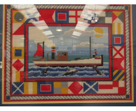A tapestry of nautical theme, depicting steam boat and flags, framed and glazed, 35cm x 44cm