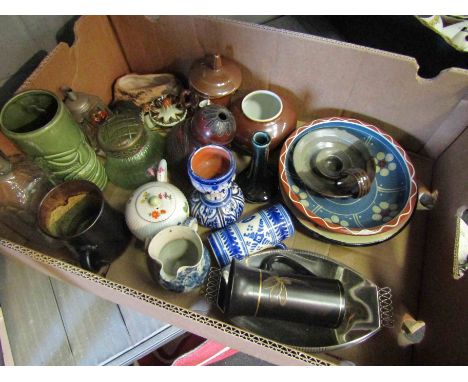 A box of mixed ceramics and glass including slipware bowl, art pottery candlestick 