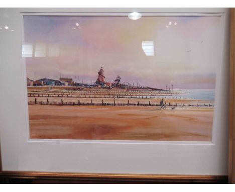 KEN TIDD: A watercolour entitled "Amber Light - Hunstanton" depicting coastal funfair, signed lower left, gilt framed and gla