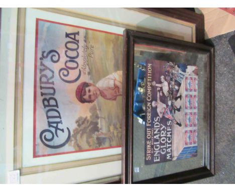 A Cadbury's print depicting boy playing cricket, framed and glazed and a Englands Glory Matches advertising mirror  (2)
