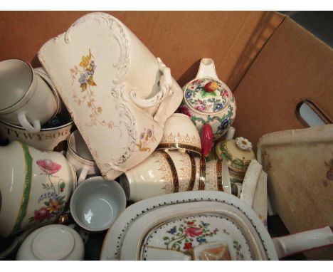 Two boxes of 19th Century Imari / blue and white mixed dinner wares, jug, tureen etc and later mixed ceramics including tea w