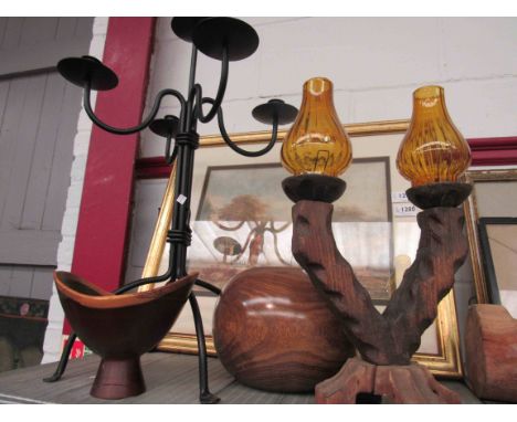 A carved religious figure a/f, two wooden bowls, a twin arm wooden based light and a five arm candlestick holder (5)