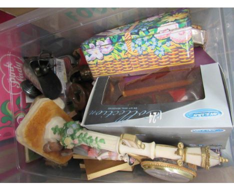 A box of miscellaneous including Deco clock, die-cast toy, etc