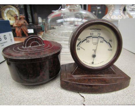 A 1930's bakelite freestanding Rototherm thermometer, British Rototherm Co Ltd, together with a bakelite bex-moulding trinket