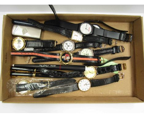 A collection of quartz wristwatches including Raymond Weil, Waterman pens and a lighter