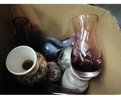 Three Caithness style vases together with a pair of Delft vases circa 1960's and a pair of modern Chinese vases