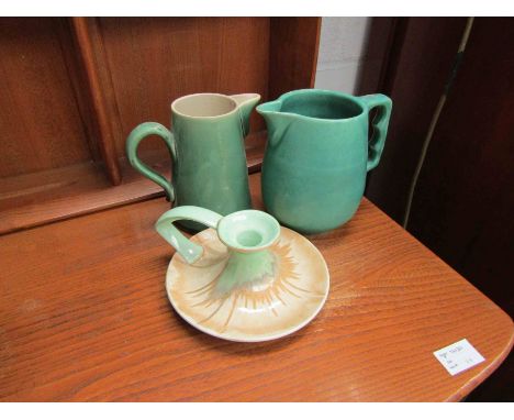Six early 20th Century green jugs and tankards including a green 19th Century jug, floral lattice pattern and a Shelley chamb