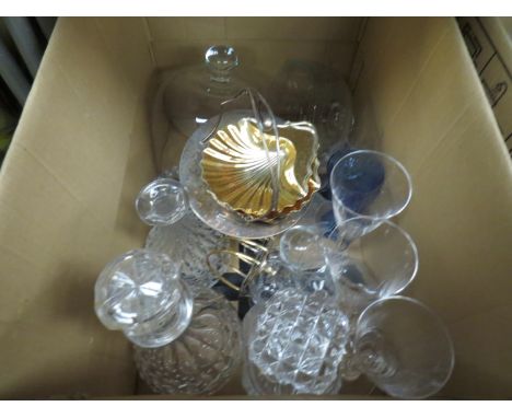 Two boxes of glass and plated wares, ceramic bookends, Denby lidded jug etc 
