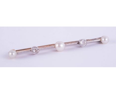 A diamond and pearl five stone bar brooch set in unmarked yellow metal, length 54mm.