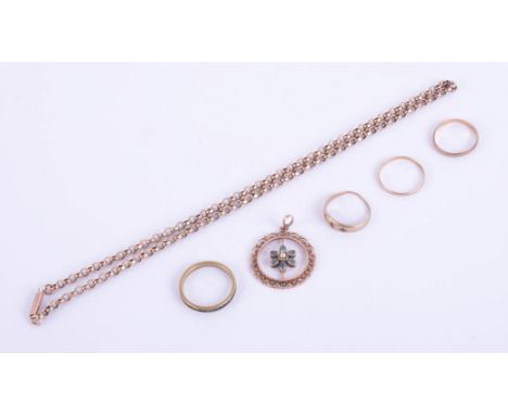 An antique 9ct pearl set pendant, two 9ct gold rings, two other rings and a yellow metal chain length 40cm (6.8g).