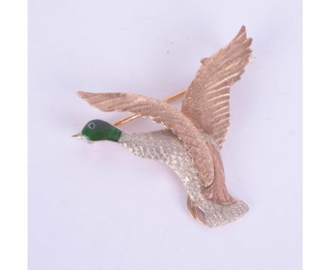 A three colour gold and enamel bird brooch, marked 375, 9, J.G &amp; S, height 30mm.
