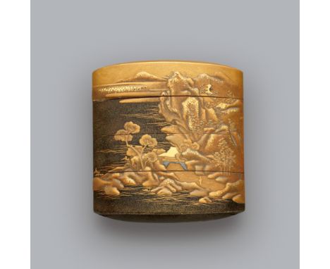 Inrô. 19. Jh.Signatur: Yûyûsai und Rotlacksiegel4-tlg. In hohem Gold-takamakie, -hiramakie und pudrigem nashiji Tempelanlage 