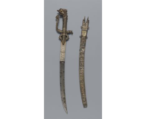 Schmuckschwert (kasthane) mit Scheide. Silber. Sri Lanka. 19. Jh.Einschneidige Klinge aus Stahl, der obere Teil mit Silberble