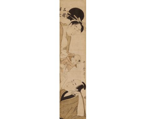 Kitagawa Utamaro, Die Geliebten Sankatsu und HanshichiHashira-e. Die Geliebten Sankatsu und Hanshichi mit ihrer Tochter Otsu.